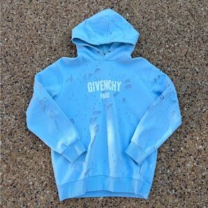 Givenchy Light Blue Distressed Logo Hoodie